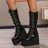 Damen Cosplay Stiefel Designer Metallschnalle Gothic Dicksohlige Plateau Stiefeletten Punk Stil Ritterstiefel für Damen Kniehohe Stiefel