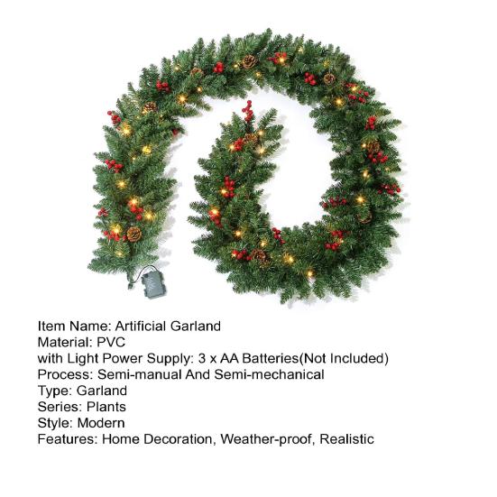 270CM Christmas Artificial Pine Garland with LED Light Red Berries Pinecone Glowing Faux Pine Needle Rattan Mantle Fireplace Porch Hanging Decoration