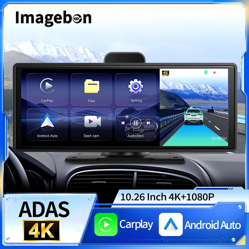 Imagebon 10.26" Dash Cam 4k Wireless Carplay Android Auto Adas GPS Navigation Car DVR Voice Control Dual Recording Cam