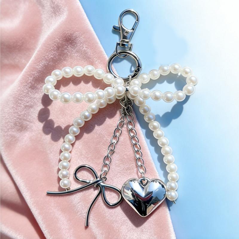 Yogodlns Bowknot Heart Pendant Women Sweet Charm White Pearl Bow Backpack Bags Pendants Decoration Gifts