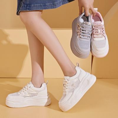 Women's Spring and Summer Women's Sneakers Sports Thick-soled Casual Dad Shoes Mesh Breathable Inner Height-enhancing White Shoes