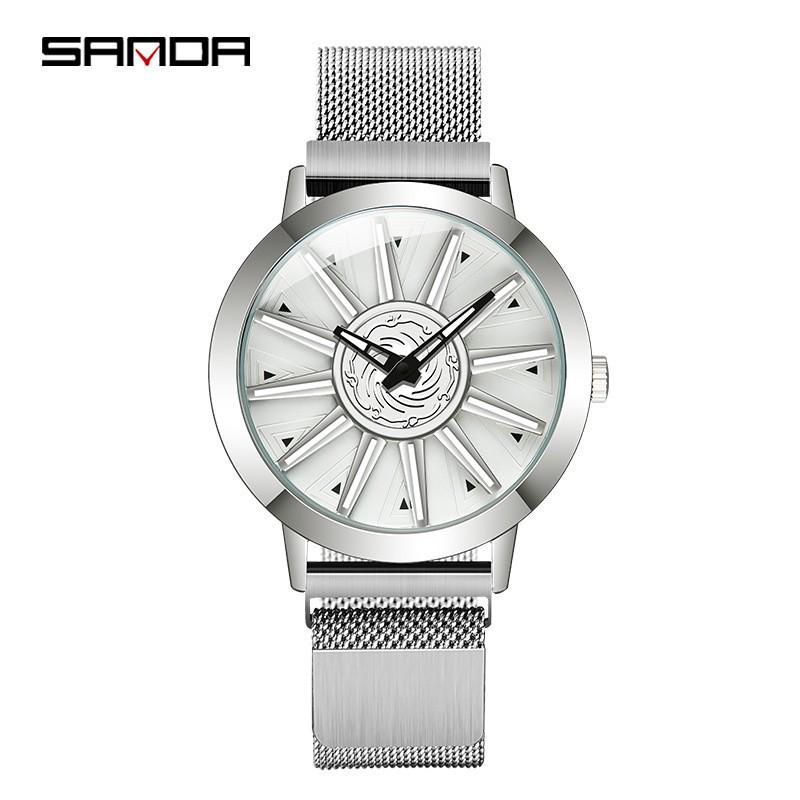 Sanda Men's Creative Rotating Quartz Wristwatch with Mesh Strap