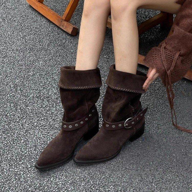Pile Up Boots New 2026 Winter Maillard Western Cowboy Boots Thick Heel Pointed Short Boots for Women