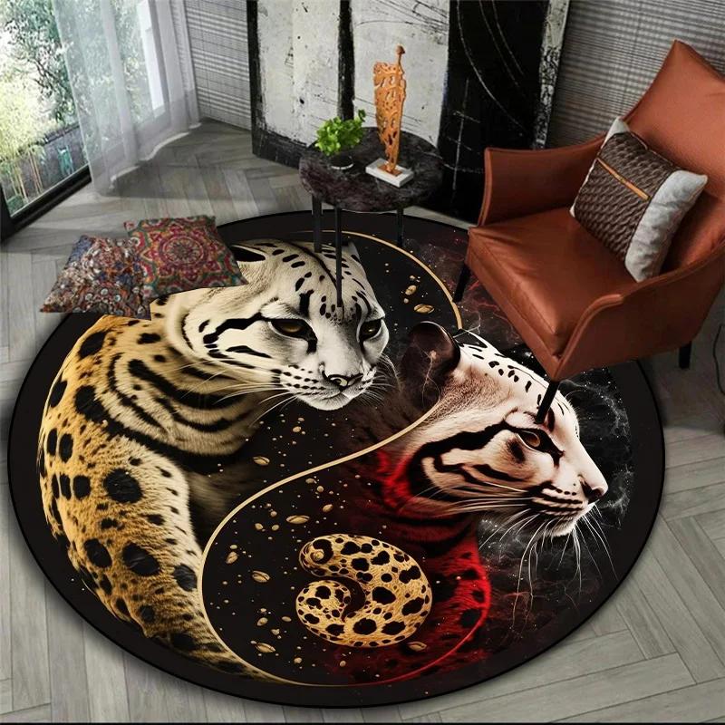 Mytická zvířata kulatý koberec – tygr, drak, lev se stromem života, fantasy koberec do obývacího pokoje, ložnice nebo meditačního prostoru