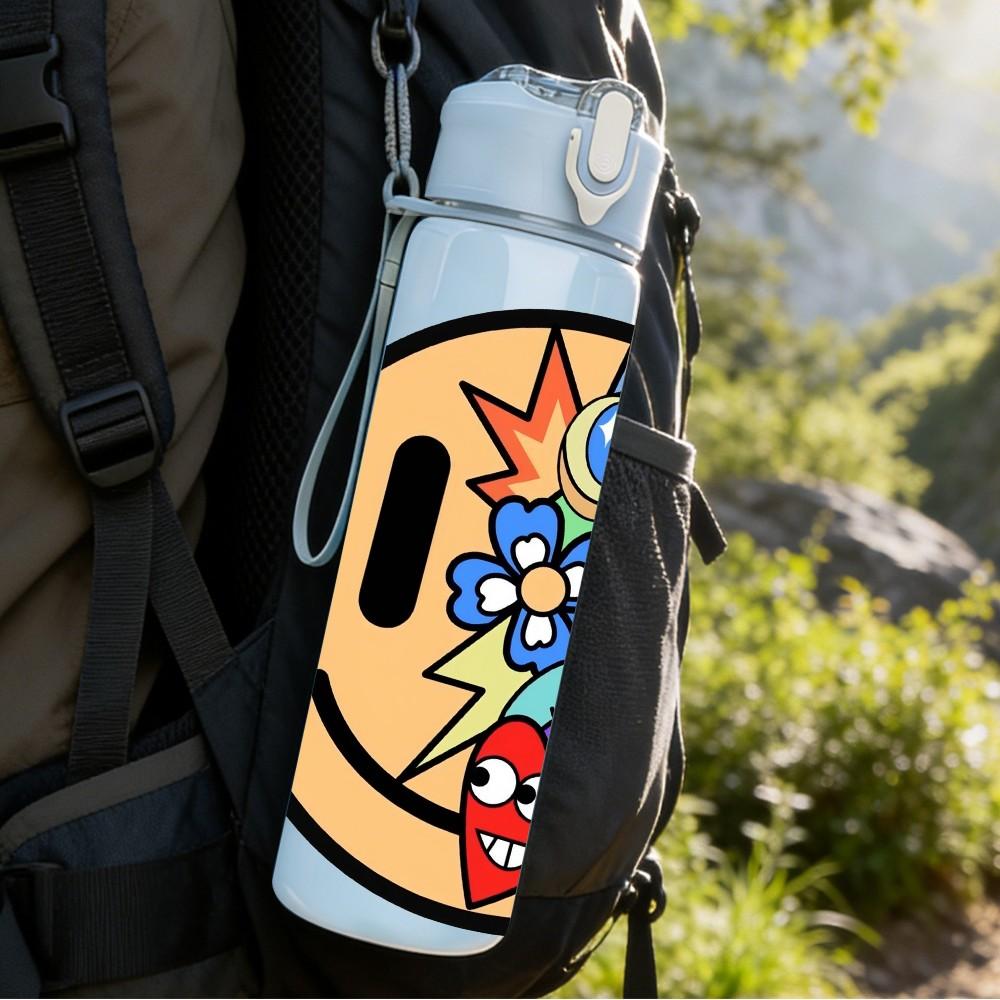 1PC Smiley Monster Character Print 750ml Color Plastic Sports Water Bottle Leakproof Flip Straw Lid Suitable for Sports Office Home Use
