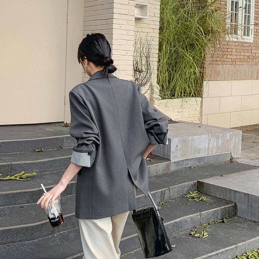 Gray Fashion Temperament Double-breasted Blazer Women's Spring New Loose and Thin Versatile Suit