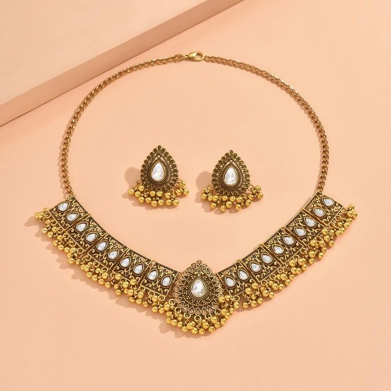 New Fashion Indian Bollywood Traditional Crystal Wedding Temple Choker Necklace Earrings Zircon Set