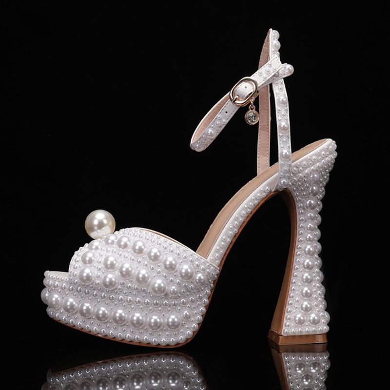 Fashion Summer Beaded Thick Heeled Women Gladiator Sandals Luxury Pearls Platform Wedges 14cm High heels Fashion Wedding Banquet Shoes