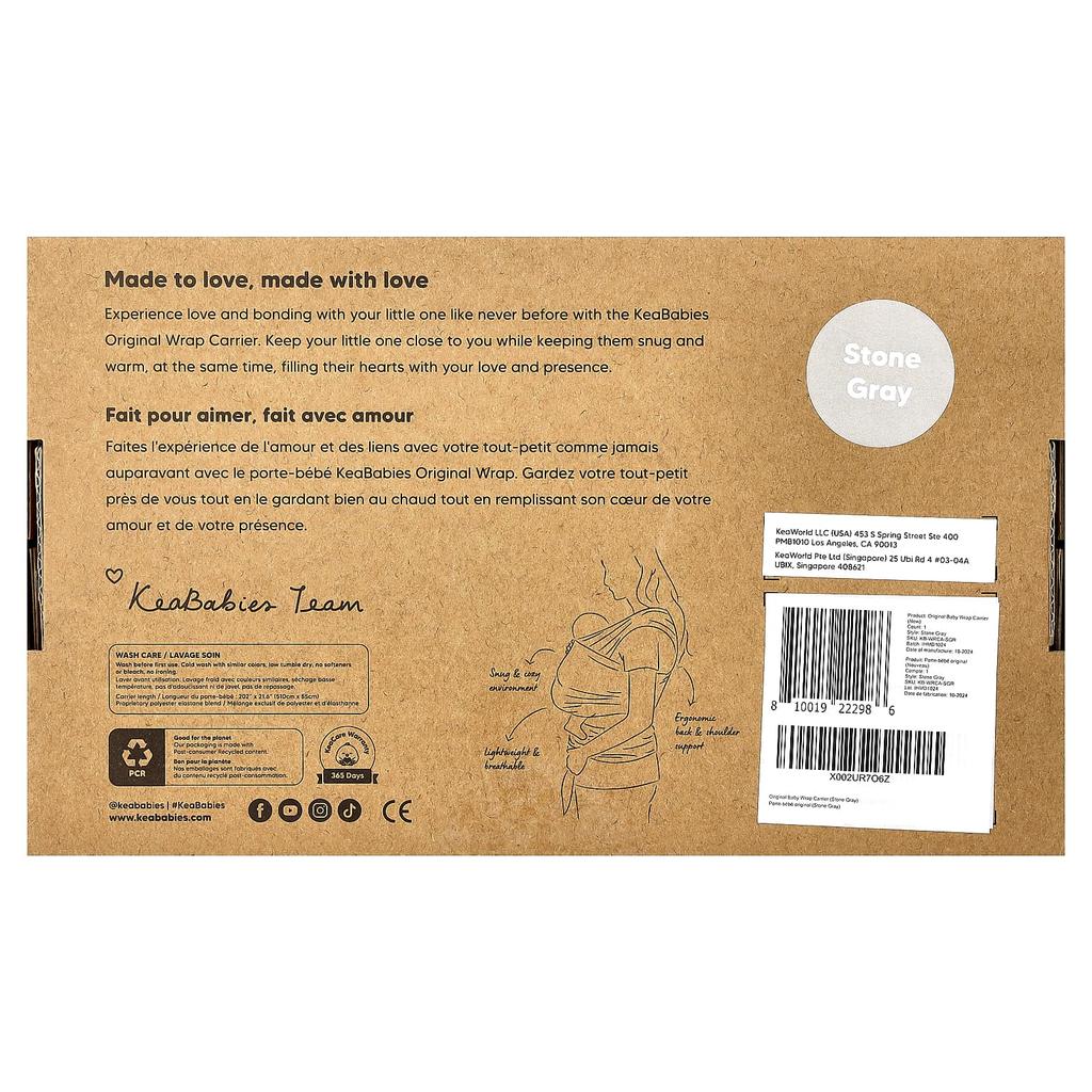 KeaBabies Original Baby Wrap Portable Support, 0-36 Months, Stone Grey, 1 Count
