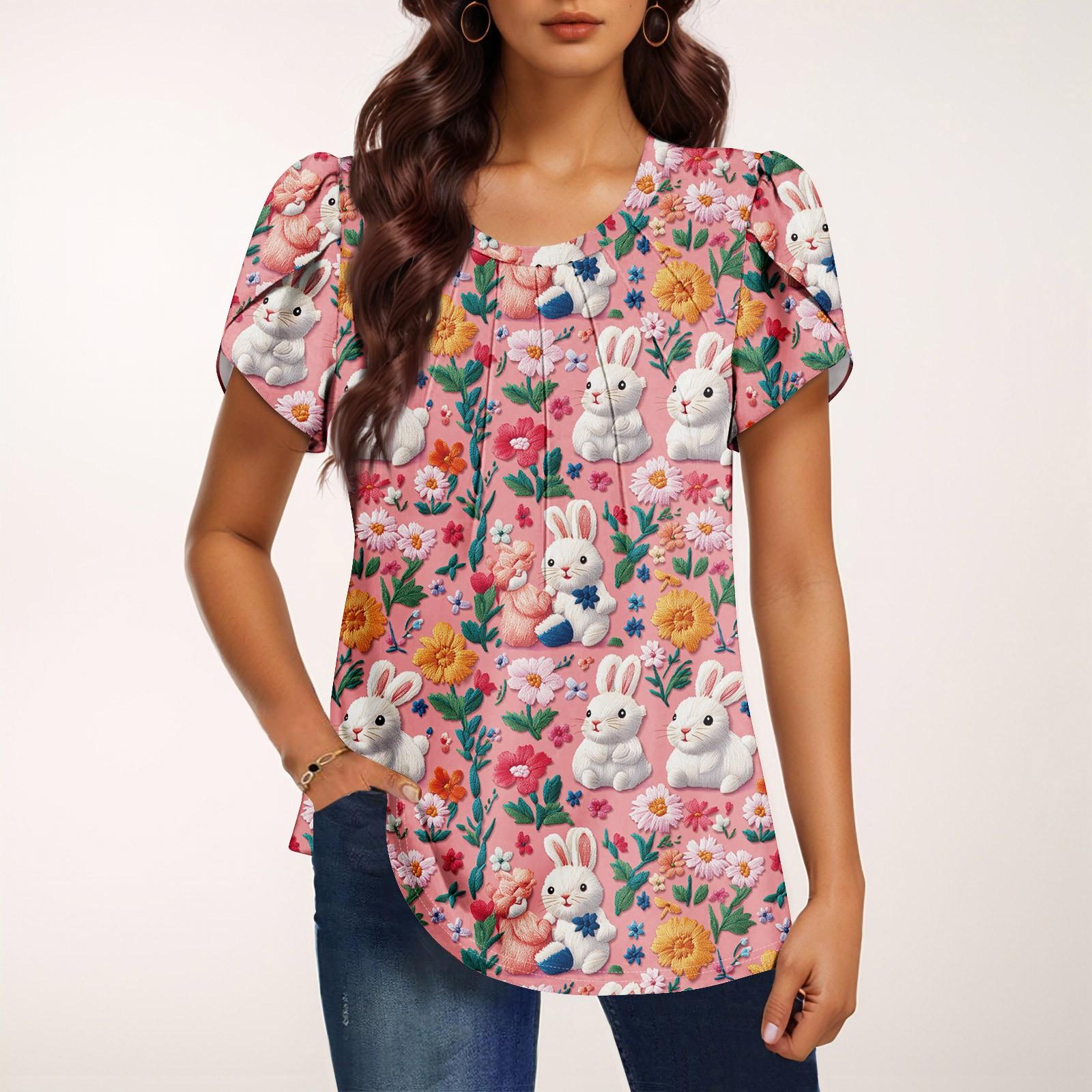 

Женская модная футболка с круглым вырезом и коротким рукавом с принтом, повседневная, базовая, плиссированная, пуловер S розовый