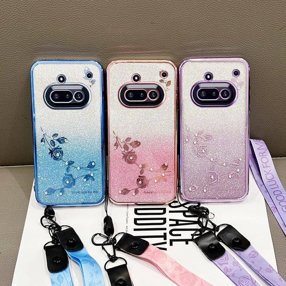 Telefon za nic (3a) Kryt na telefon s květinovým vzorem, TPU gradient a šňůrkou na krk