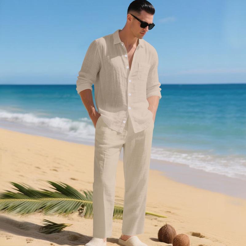 Europäischer & Amerikanischer Leinen Herbst Herren Freizeitanzug: Hemd mit lockerem Revers & Langarm-Strandhose