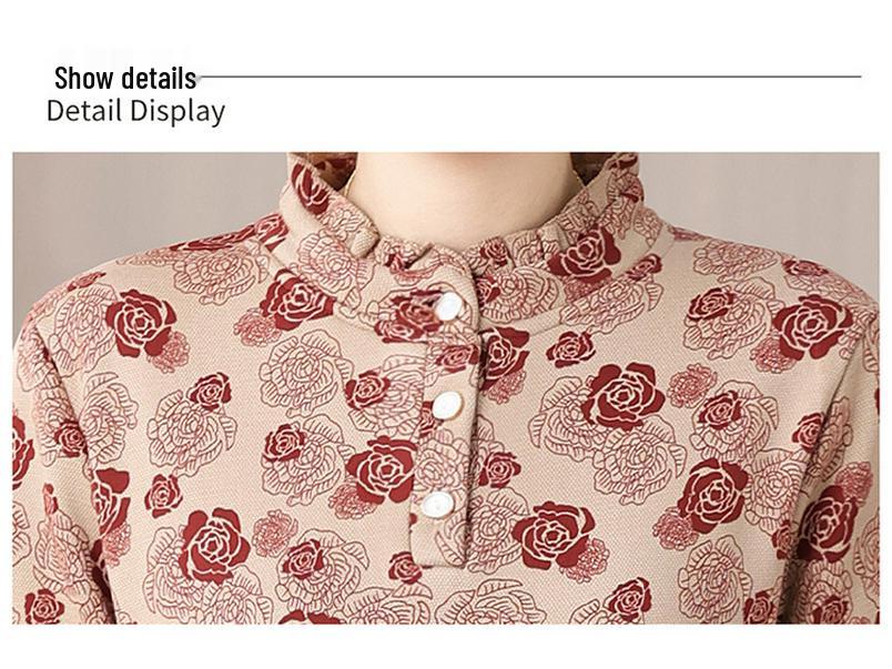 Stylish Printed Long-Sleeve T-Shirt for Middle-Aged & Elderly Women - Autumn/Winter, Warm Base Layer, Plus-Size, Velvet Mom's Wear.