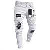Bílé Vyšívané Skinny Roztrhané Džíny Pánské Bavlna Pružné Dírky Slim Fit Hip Hop Denimové Kalhoty Ležérní Džíny pro Muže Běžecké Kalhoty