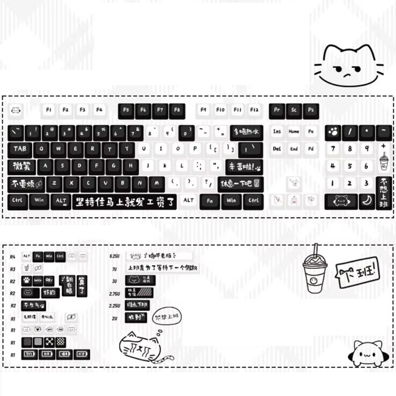 MOA Height Keycaps 135pcs Heat Sublimated Color Off Work Cats Theme Keycaps Set Customization for Mechanical Keyboards