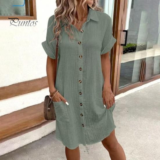 Damen Baumwoll-Leinen-Kleid, lässiges Button-Down-Kleid mit V-Ausschnitt und Taschen, Sommer-Kurzarm-Strandkleid