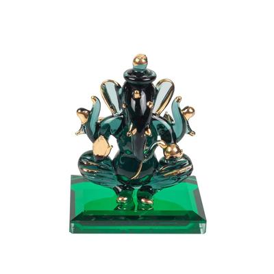 God Ganesh Sitting with Base Statue (Murti) Idol Showpiece Handmade of Crystal Glass by for Worship, Decoration, Car Dashboard, Gift (Dark Green),