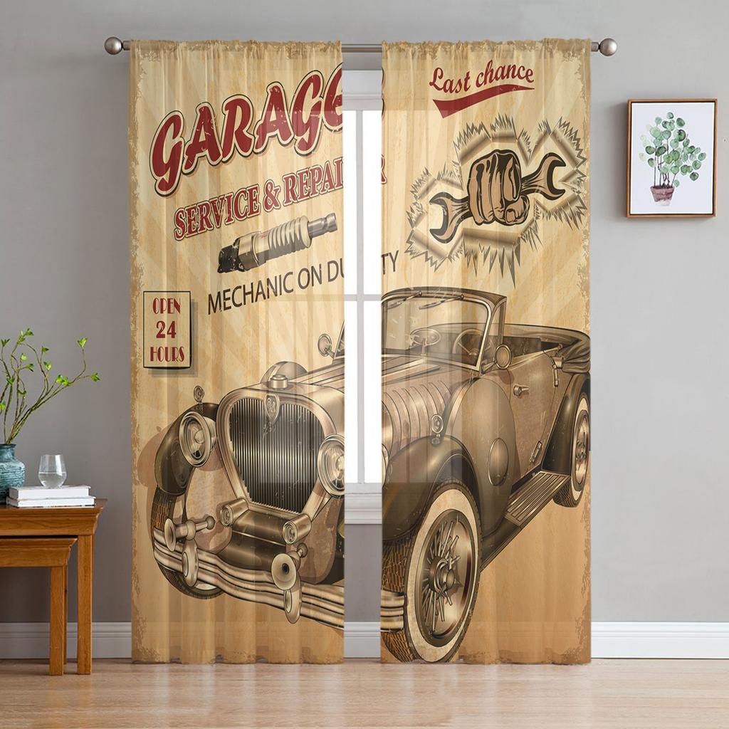 Car Service Mechanic Maintenance And Automobile Repair Rusty Metal Plates Tulle Sheer Curtains Living Room Voile Organza Curtain