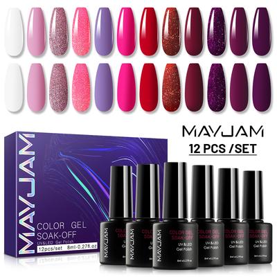 MAYJAM 12 Pcs Unha Polonês Gel Conjunto de Presente 8 ML Roxo Vermelho Nu Rosa Gel Unha Polonês Kit Soak Off Unhas de Gel Brilhante Lantejoulas UV Nail Art Gel Verniz