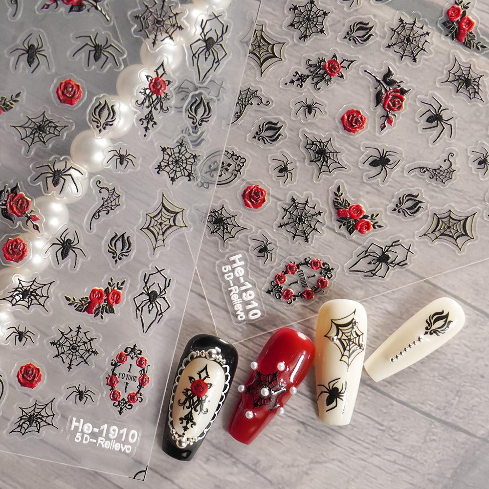 Dark Night Rose Spider Nail Stickers - Vintage Red Rose Spiderweb Halloween Self-Adhesive Nail Decorations