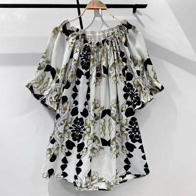 Stylowa Bluzka w Stylu Vintage z Nadrukiem Folklorystycznym Letnia Codzienna z Dekoltem typu Slash Marszczona Odzież Damska Rękaw do Połowy Luźna Falbany Łączona Koszula