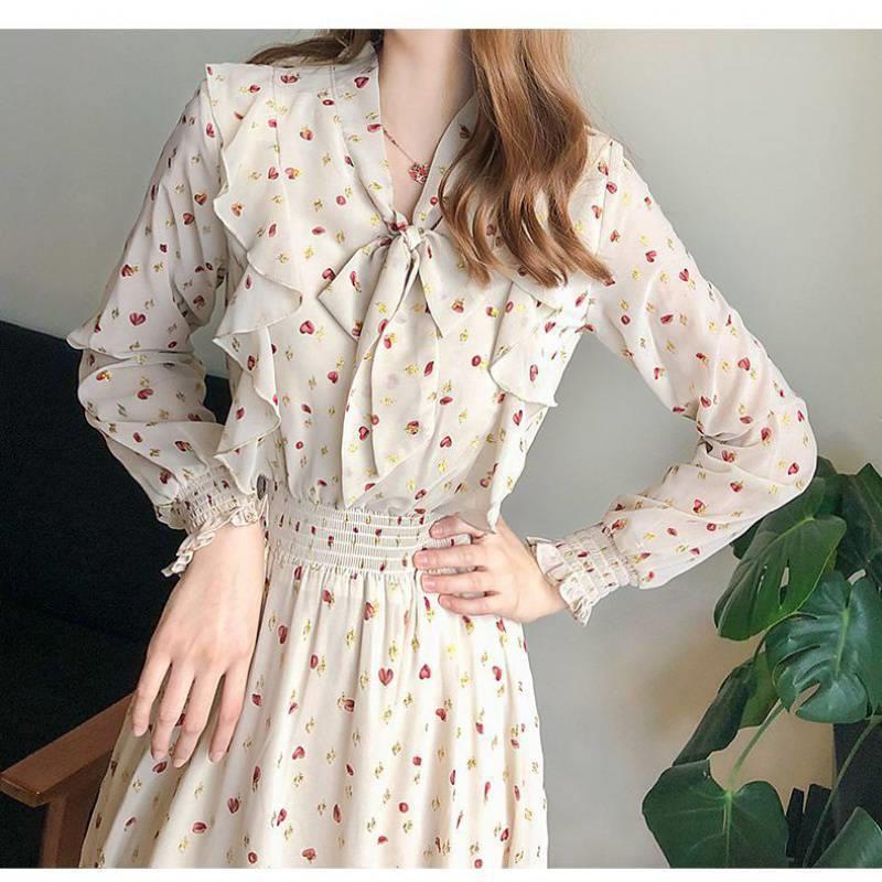 Chiffon Blumen Maxikleid Slim Fit mit Schleife, Langarm Frühjahrs Kollektion