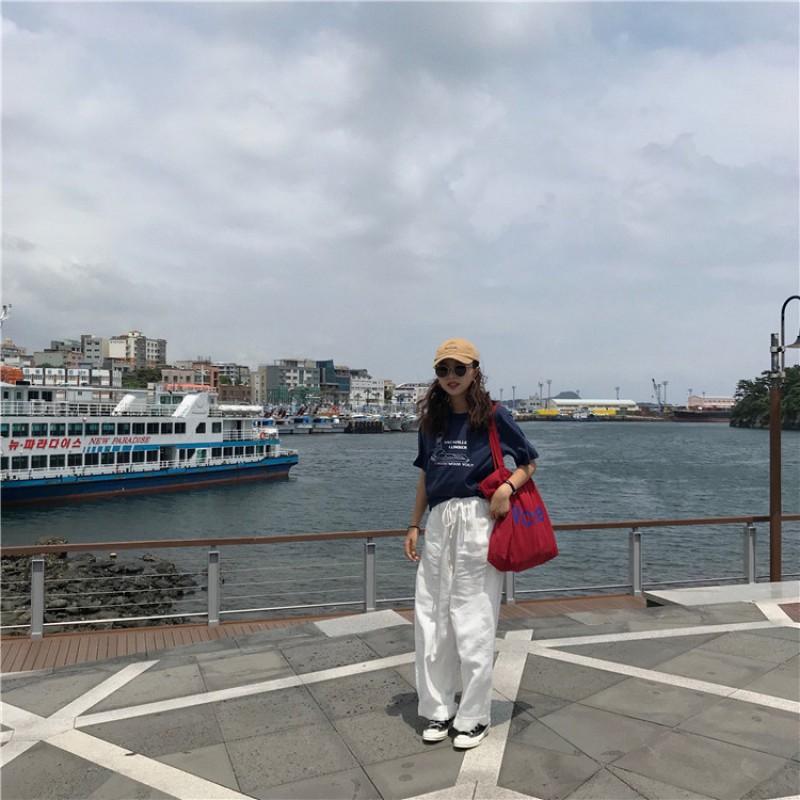 Korean Version Ins Same Model Red Canvas Bag Casual Letter Printed Shoulder Large Capacity Student Schoolbag