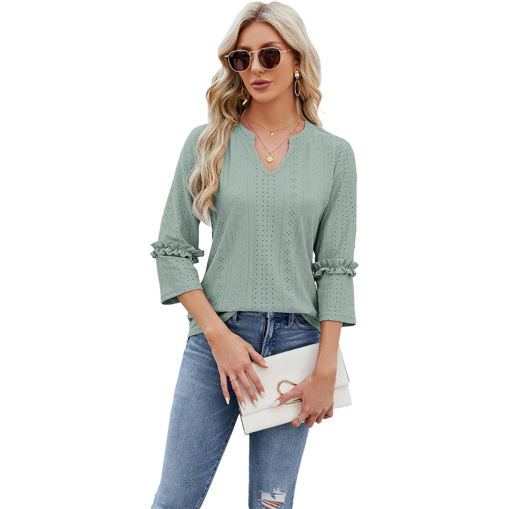 Spring and Summer Women's T-shirt V-neck Lace Seven-quarter Sleeve Jacquard Loose Long-sleeved Tops