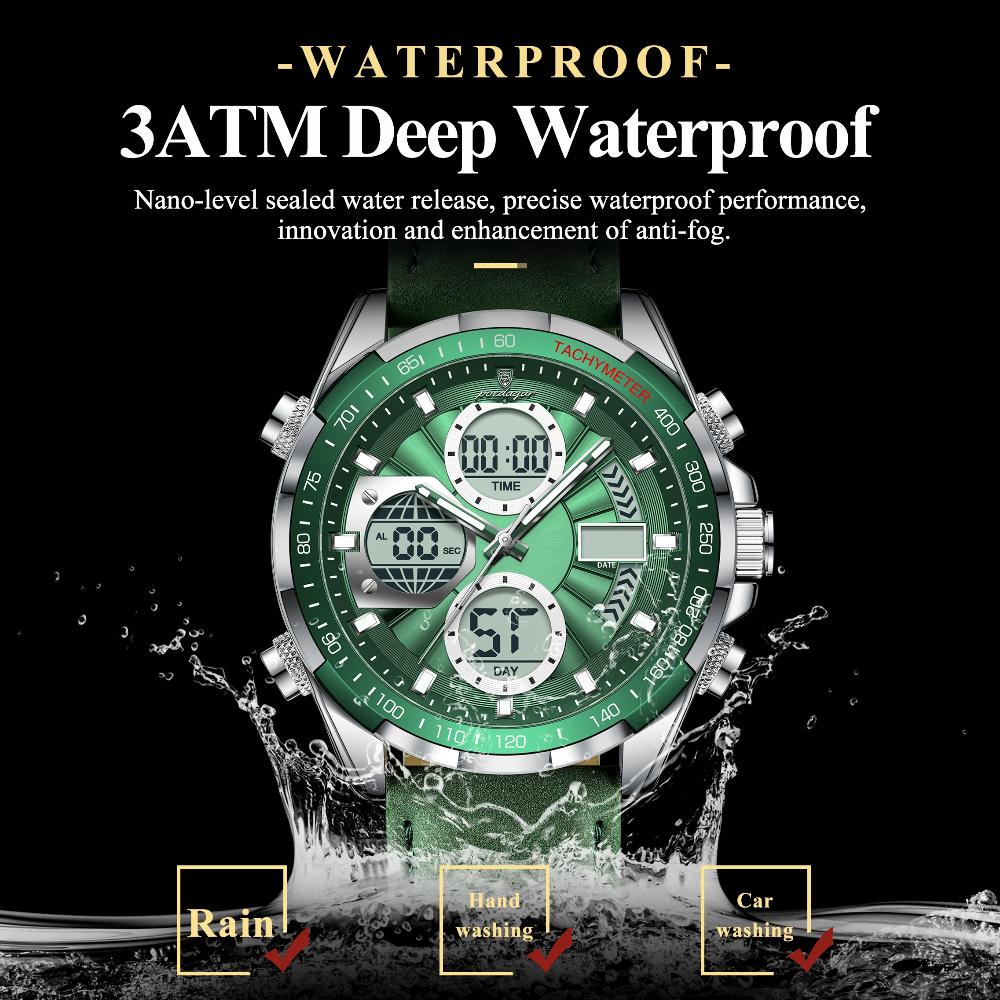 POEDAGAR Luxury Men Watch Luminous Week Date Digital LED Quartz Clock Alarm Dual Time Display Electronic Watches