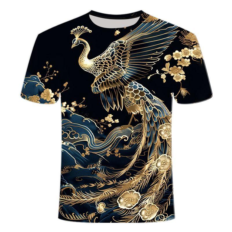 New 3D Printed Round Neck T-shirt for Summer 2024, Popular Item, Return Date, Golden Peacock Series, Men's Short Sleeved