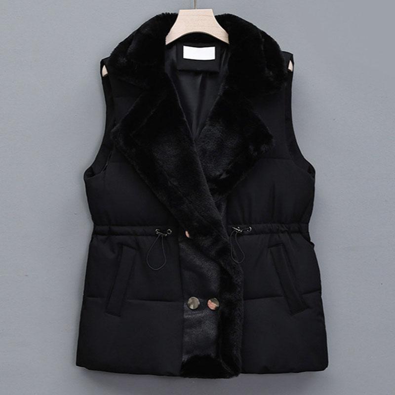 Winter Cotton Fur Integrated Down Vest Womens Puffer Vest Stand Collar Button Down Padded Jacket with Drawstring Waistcoat