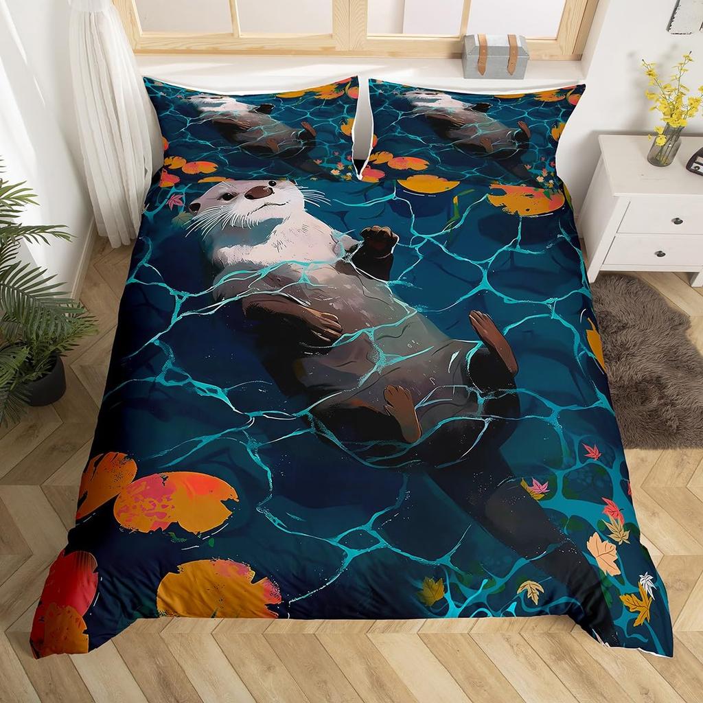 Sea Otters Duvet Cover Set For Kids Boys Girls Lightweight Quilt Covers Bedroom Decor Ocean Sea Life Themed Bedding Set No Quilt