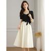 Women's Square Neck Short Sleeve A-Line Midi Dress High Waist Commuter Style Color Block Long Dress