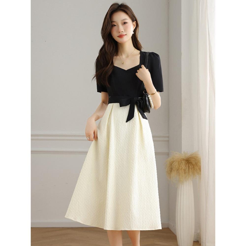 Women's Square Neck Short Sleeve A-Line Midi Dress High Waist Commuter Style Color Block Long Dress