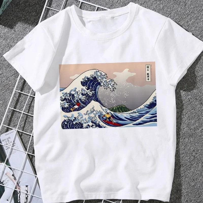 This Stylish Women's Summer T-shirt Features A Whale and Wave Print, in A Trendy Japanese Harajuku Style.Summer Streetwear Y2K
