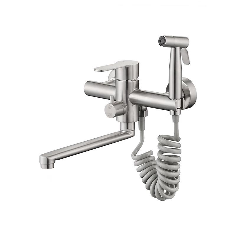 Wall-Mounted Faucet with Extended Spout and Spray Gun
