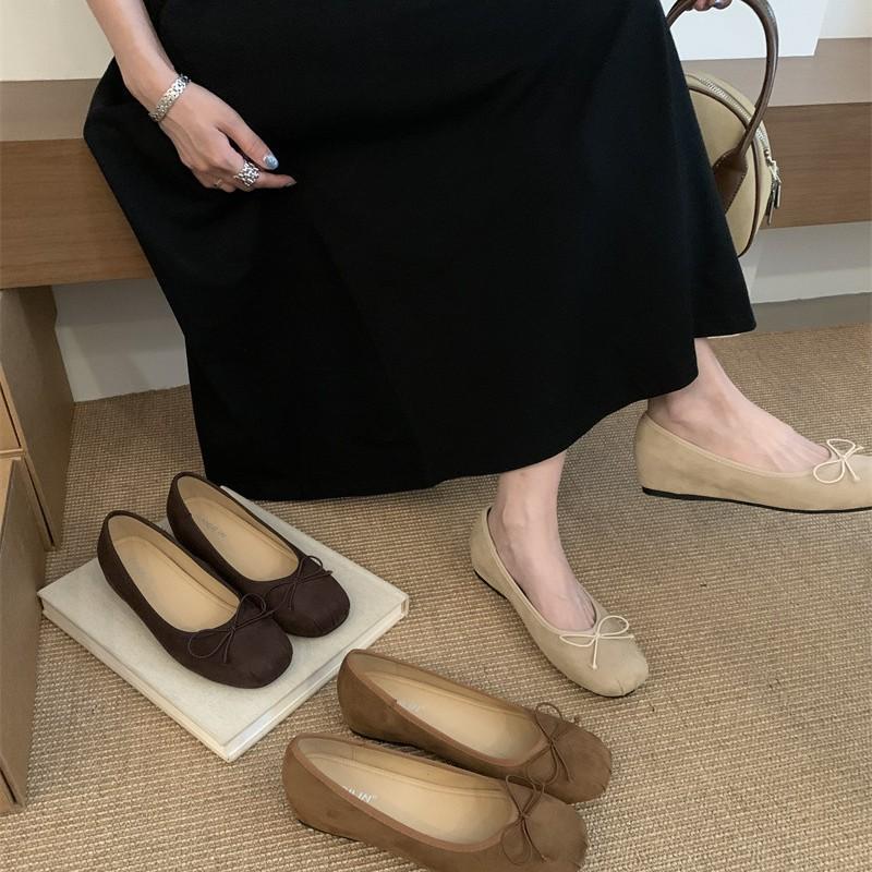 Flat-bottomed Suede Ballet Single Shoes Women's Shoes 2025 New Bow Red Evening Shoes