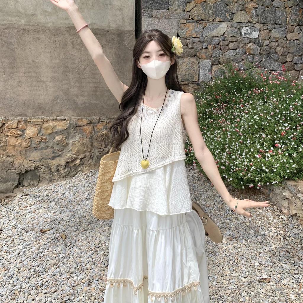 2025 Summer Ethnic Chinese Retro Hollow Camisole Dress Set - Sleeveless, High Waist, Two-Piece
