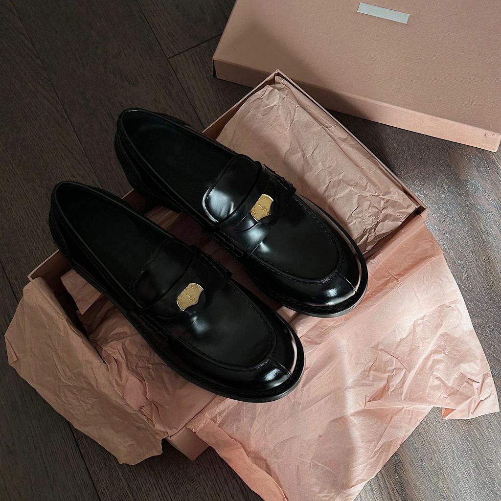 Sheepskin Version~ British Genuine Leather Thick-soled Black Small Leather Shoes Women's Gold Coins Lazy One-pedal Flat-soled Single Shoes