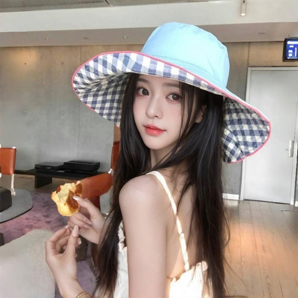 Korean Style Fisherman Hat Versatile Large Brim Sun Cap New Plaid Bucket Hat  for Summer Travel