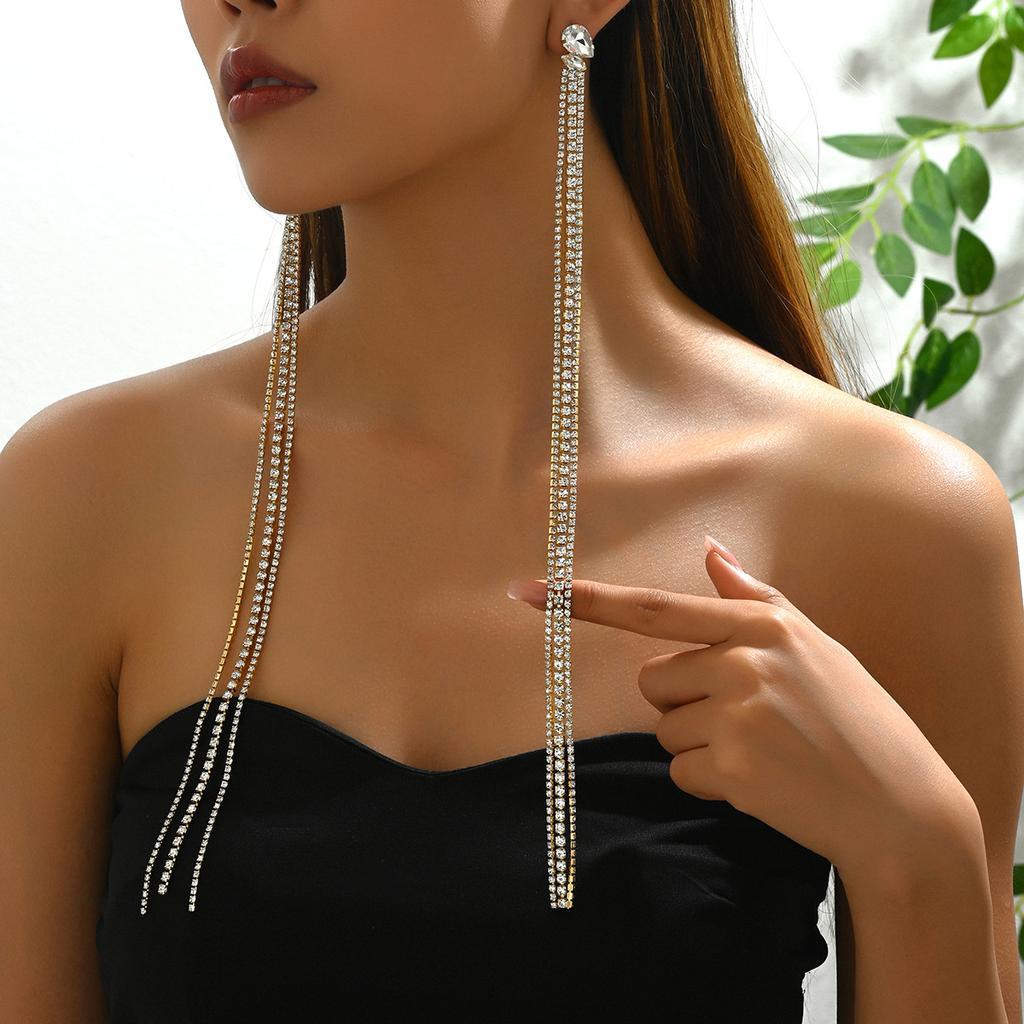 ins geometric fashion OL inlaid diamond long women's earrings personalized versatile fringed niche design stud earrings