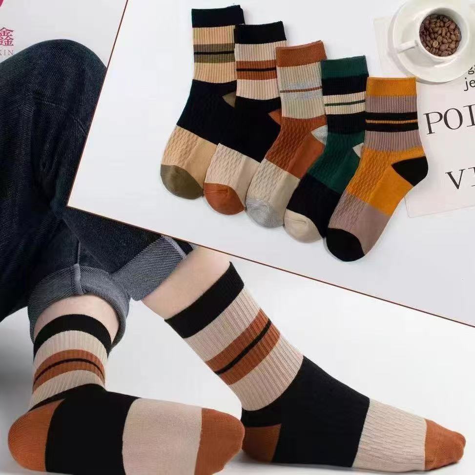 5 Pair Striped Casual Breathable Socks High Quality Harajuku Retro Socks Cotton Socks