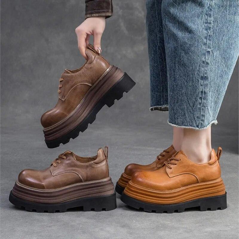 Johnature Zapatos de plataforma plana con suela gruesa y elevación retro, zapatos de mujer de moda versátiles con cordones y punta redonda