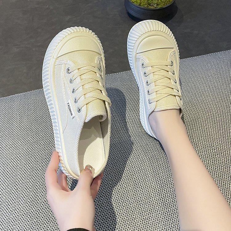 Closed Toe Half Slippers Women's Outer Wear Thick-Soled Biscuit Canvas Half Support  New Spring and Summer Slip-on Lazy White Shoes