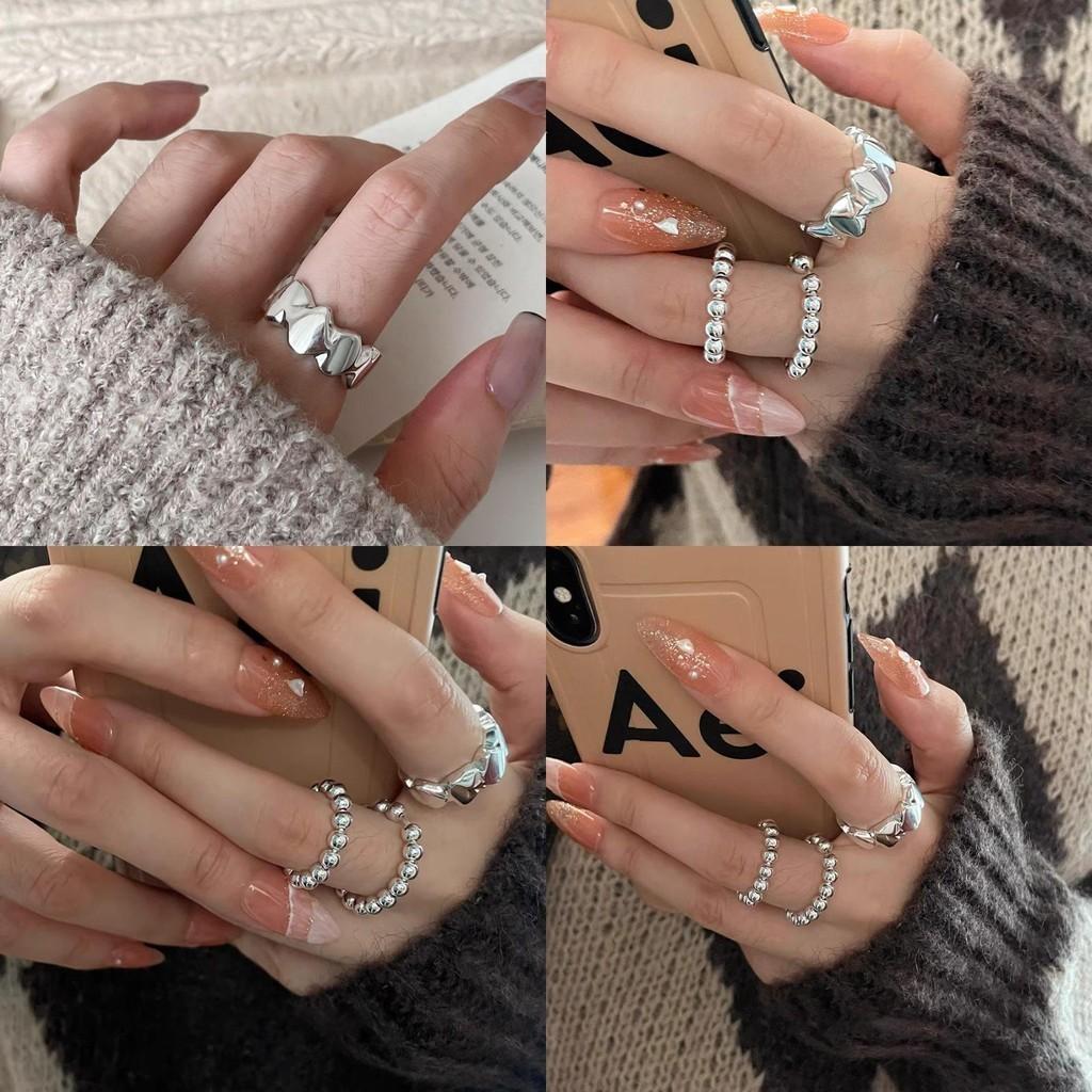 Geometric Style Adjustable Open Ring For Women Chic Minimalist Beaded Design In Silver Color Perfect For Fashionable Commute 2023 Winter Collection