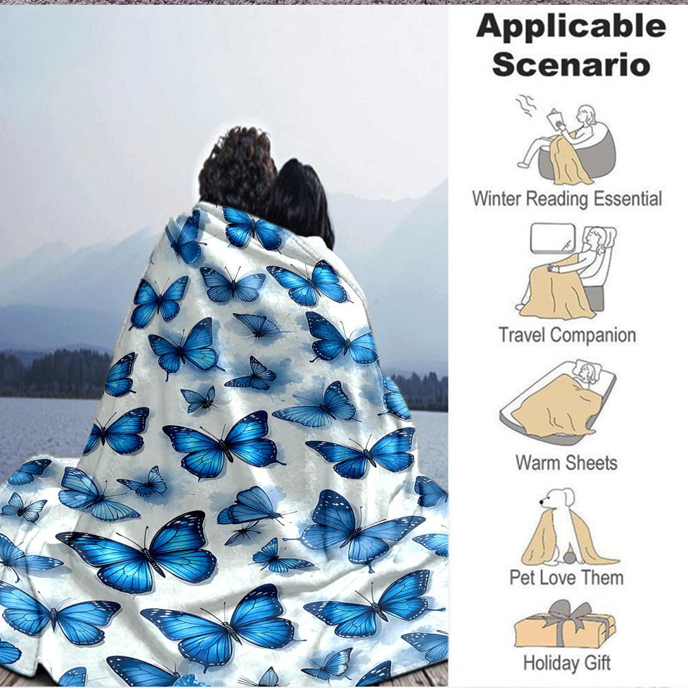1pc Blue Butterflies Lightweight Flannel Blanket, Comfortable and Warm Blanket, for Office and Camping Sofa Bed, Livingroom031