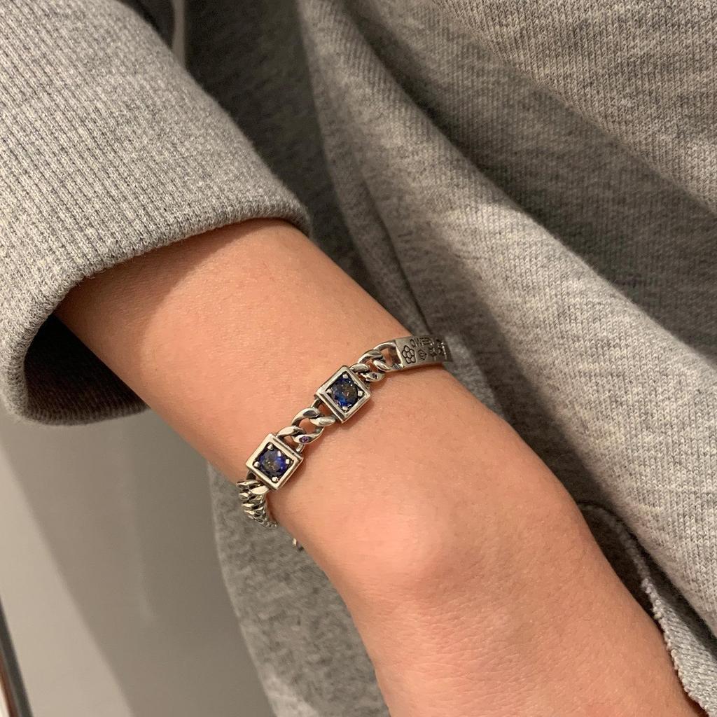 Korean Style S925 Silver Plated Retro Graffiti Patchwork Bangle - Women's Hip Hop Fashion Trend Bracelet