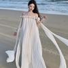 One-word Shoulder French Morning Gown Dress Skirt Heavy Industry Streamer Holiday Wind Mopping Off-the-shoulder Long Skirt