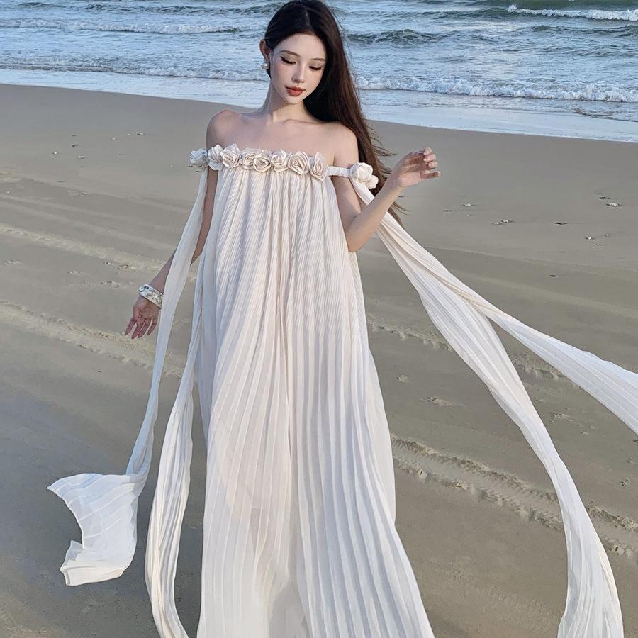 One-word Shoulder French Morning Gown Dress Skirt Heavy Industry Streamer Holiday Wind Mopping Off-the-shoulder Long Skirt