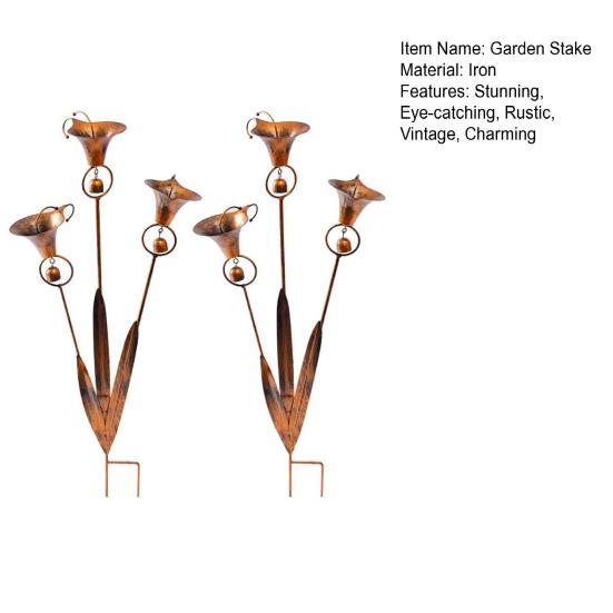 Yousheng 2 Pcs Flamed Copper Three Calla Lilies Garden Stake with Bells, Handmade Rain Catcher Flower, Metal Plant Yard Art, Rustic Wind Chime